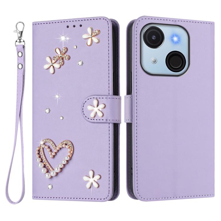 For itel A50C ZS01 Double-Layer Heart Floral Vegan Leather Phone Case with Wrist Strap