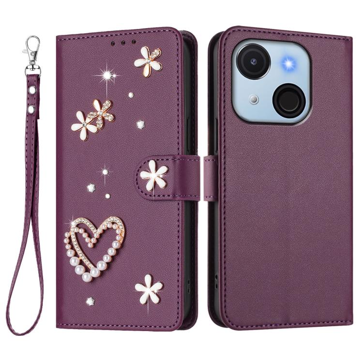 For itel A50C ZS01 Double-Layer Heart Floral Vegan Leather Phone Case with Wrist Strap