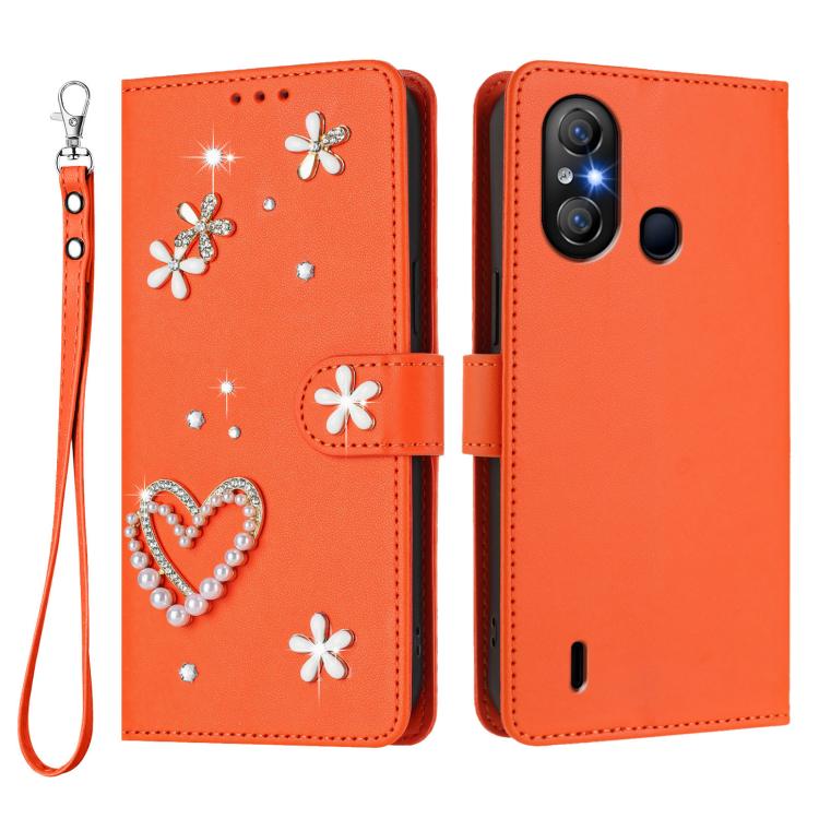 For itel A58 Lite / A49 Play ZS01 Double-Layer Heart Floral Vegan Leather Phone Case with Wrist Strap