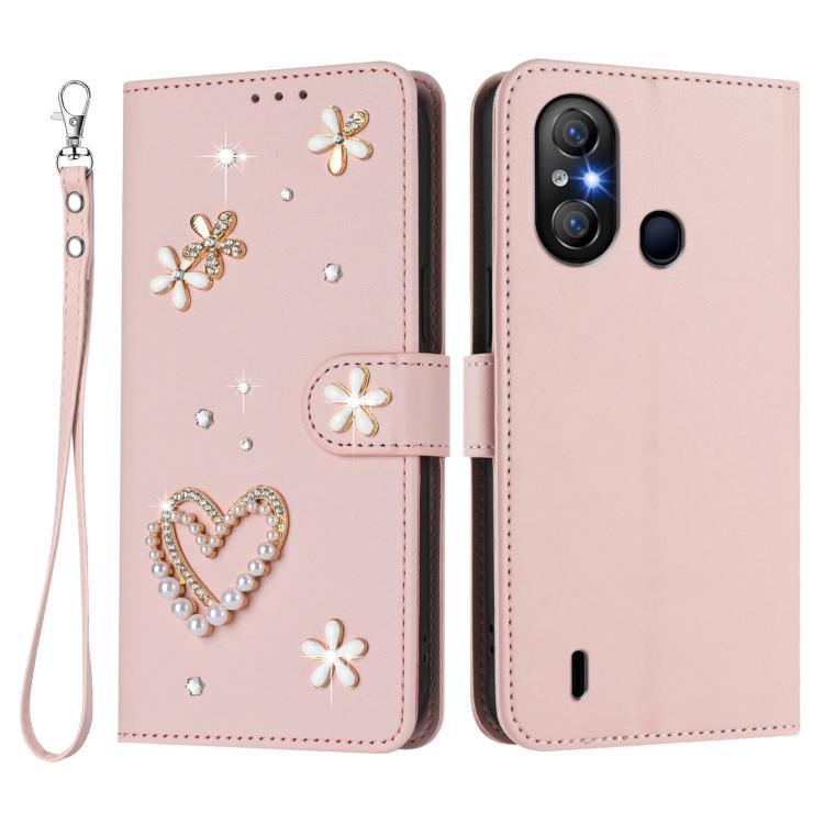 For itel A58 Lite / A49 Play ZS01 Double-Layer Heart Floral Vegan Leather Phone Case with Wrist Strap