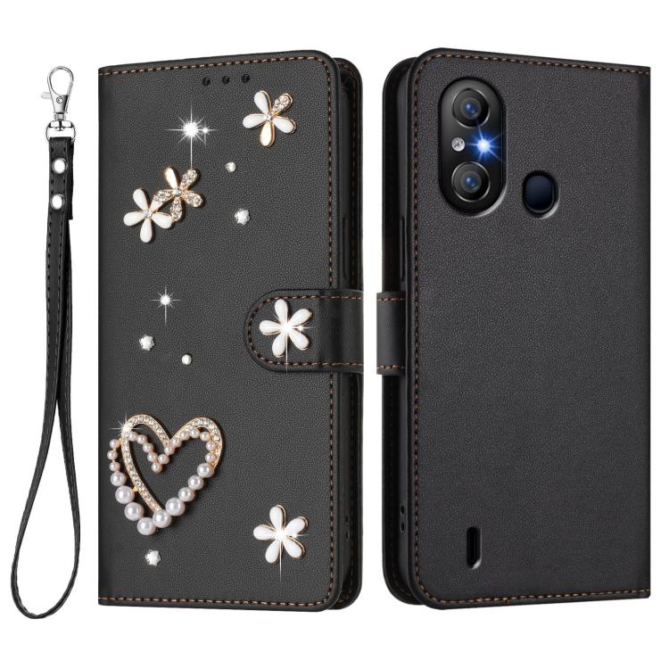 For itel A58 Lite / A49 Play ZS01 Double-Layer Heart Floral Vegan Leather Phone Case with Wrist Strap
