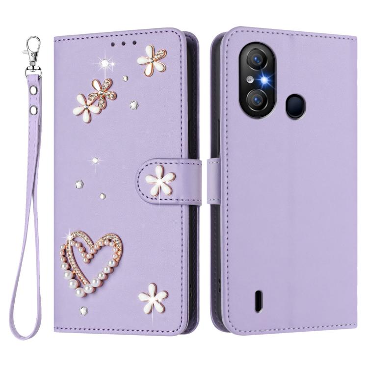 For itel A58 Lite / A49 Play ZS01 Double-Layer Heart Floral Vegan Leather Phone Case with Wrist Strap