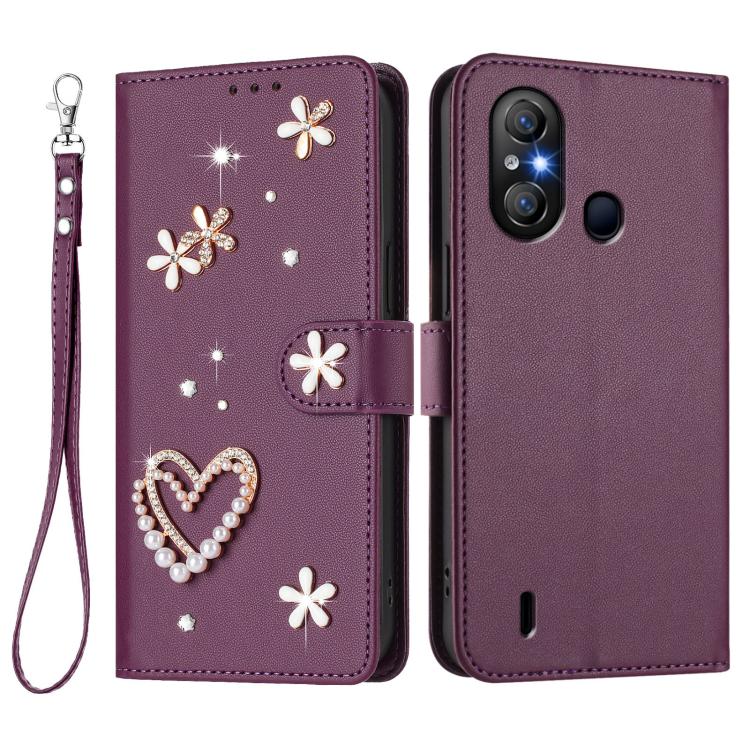 For itel A58 Lite / A49 Play ZS01 Double-Layer Heart Floral Vegan Leather Phone Case with Wrist Strap
