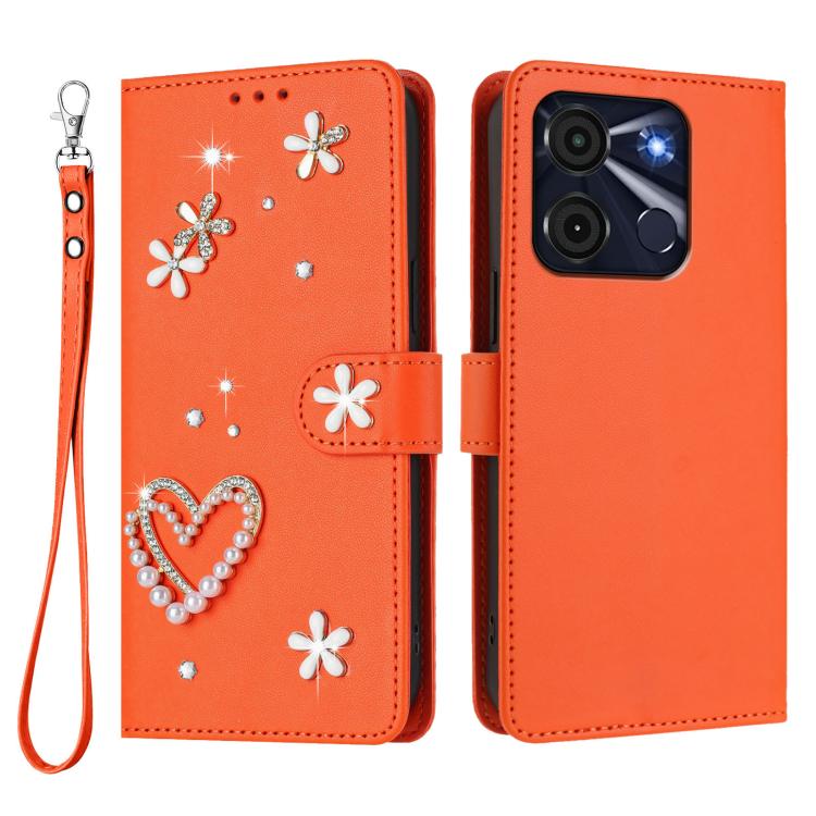 For itel A60 / A60s ZS01 Double-Layer Heart Floral Vegan Leather Phone Case with Wrist Strap