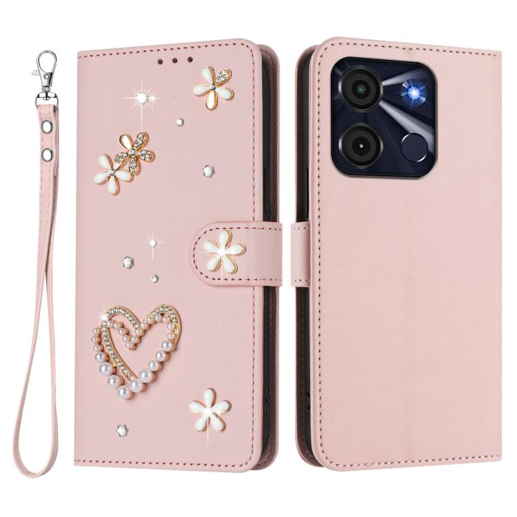 For itel A60 / A60s ZS01 Double-Layer Heart Floral Vegan Leather Phone Case with Wrist Strap