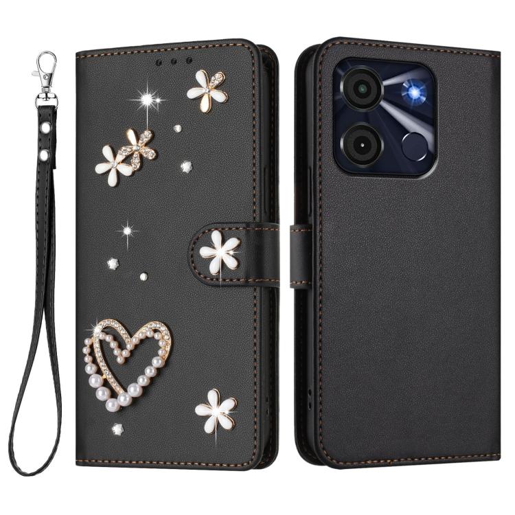 For itel A60 / A60s ZS01 Double-Layer Heart Floral Vegan Leather Phone Case with Wrist Strap