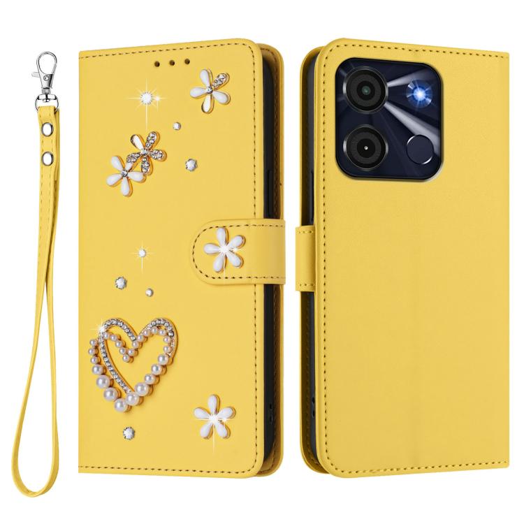 For itel A60 / A60s ZS01 Double-Layer Heart Floral Vegan Leather Phone Case with Wrist Strap