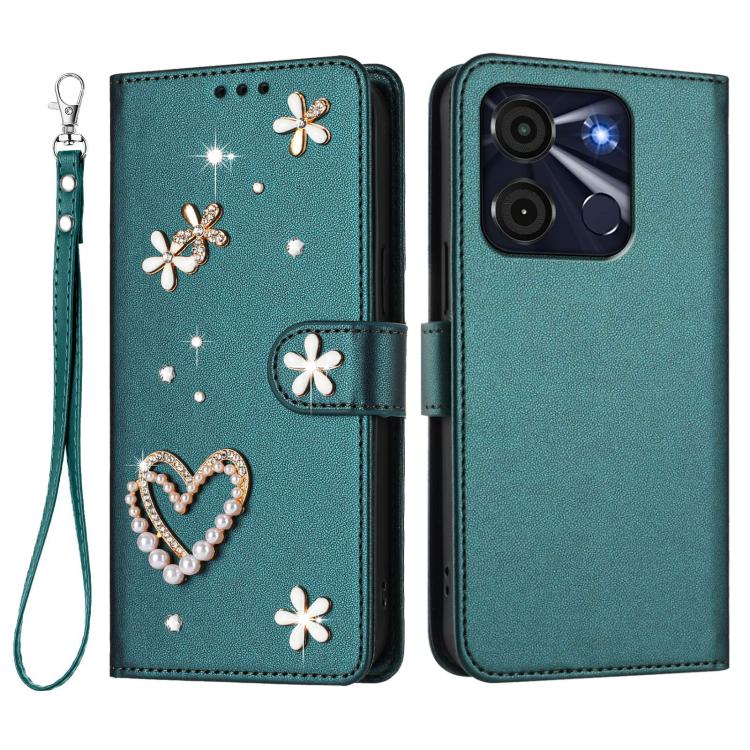 For itel A60 / A60s ZS01 Double-Layer Heart Floral Vegan Leather Phone Case with Wrist Strap