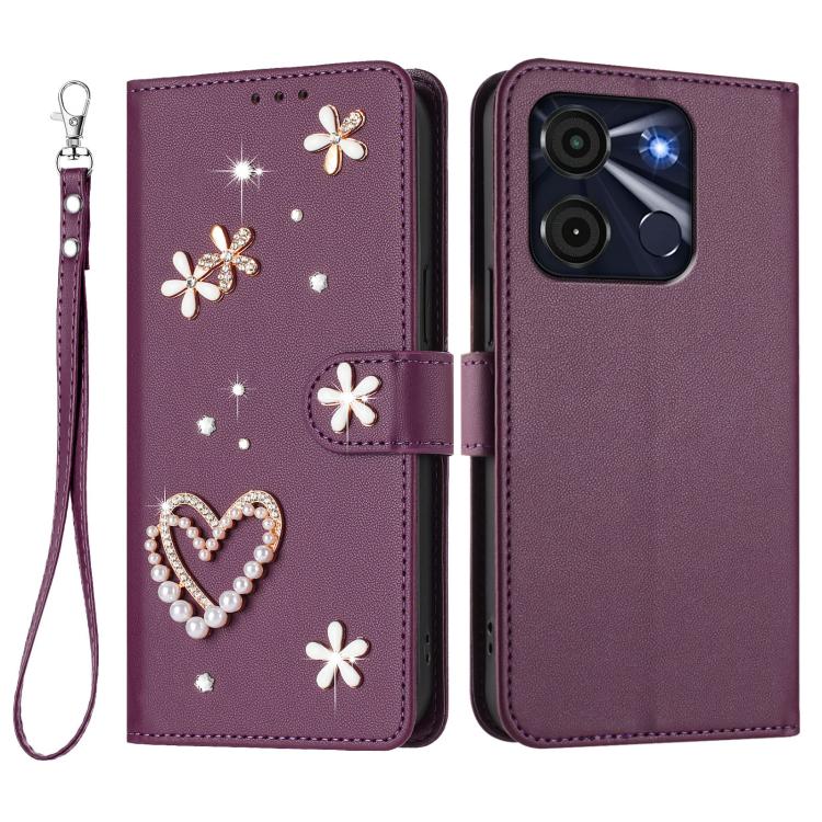 For itel A60 / A60s ZS01 Double-Layer Heart Floral Vegan Leather Phone Case with Wrist Strap