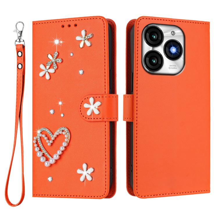 For itel A70 ZS01 Double-Layer Heart Floral Vegan Leather Phone Case with Wrist Strap