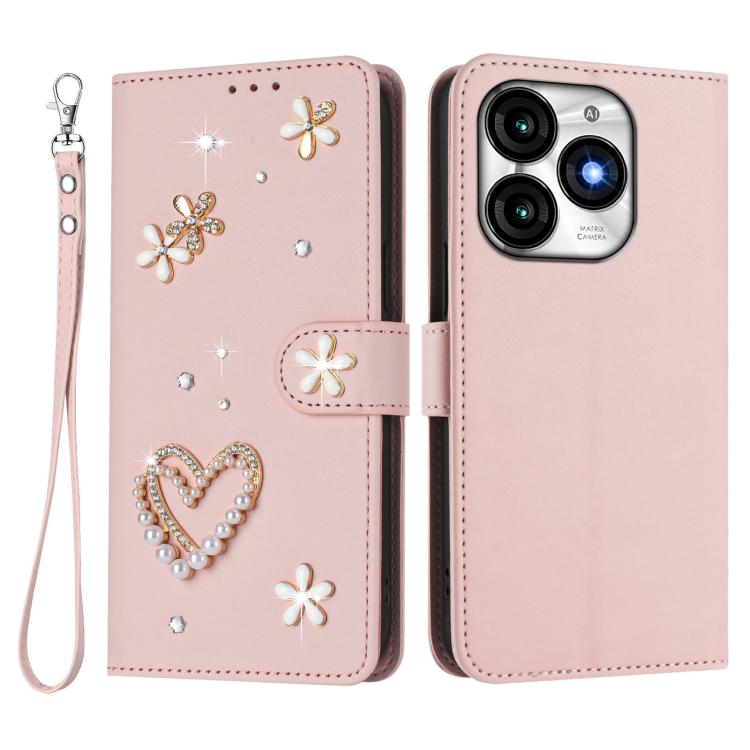 For itel A70 ZS01 Double-Layer Heart Floral Vegan Leather Phone Case with Wrist Strap