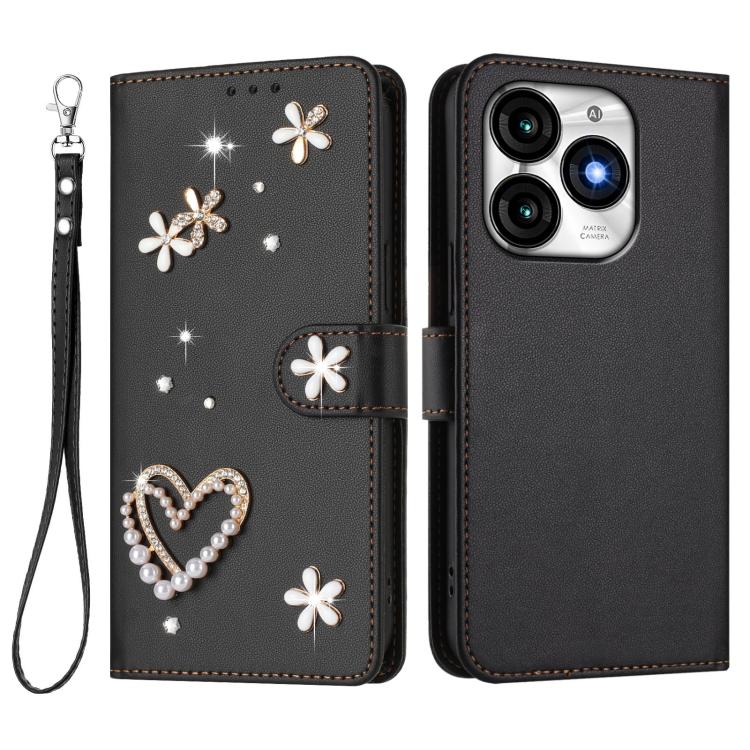 For itel A70 ZS01 Double-Layer Heart Floral Vegan Leather Phone Case with Wrist Strap