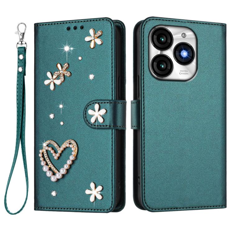 For itel A70 ZS01 Double-Layer Heart Floral Vegan Leather Phone Case with Wrist Strap