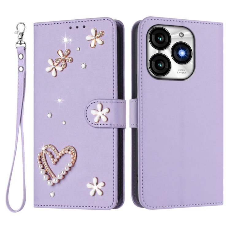For itel A70 ZS01 Double-Layer Heart Floral Vegan Leather Phone Case with Wrist Strap