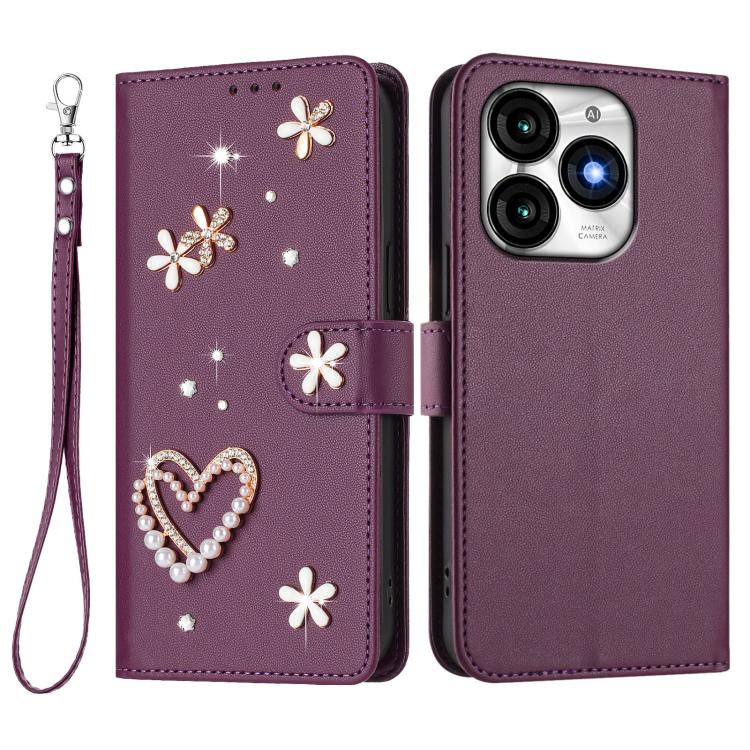 For itel A70 ZS01 Double-Layer Heart Floral Vegan Leather Phone Case with Wrist Strap