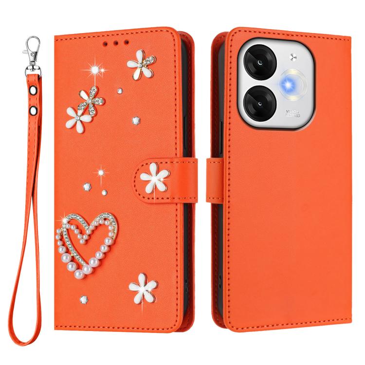 For itel A80 4G ZS01 Double-Layer Heart Floral Vegan Leather Phone Case with Wrist Strap