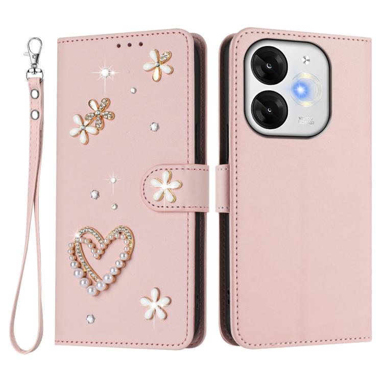 For itel A80 4G ZS01 Double-Layer Heart Floral Vegan Leather Phone Case with Wrist Strap