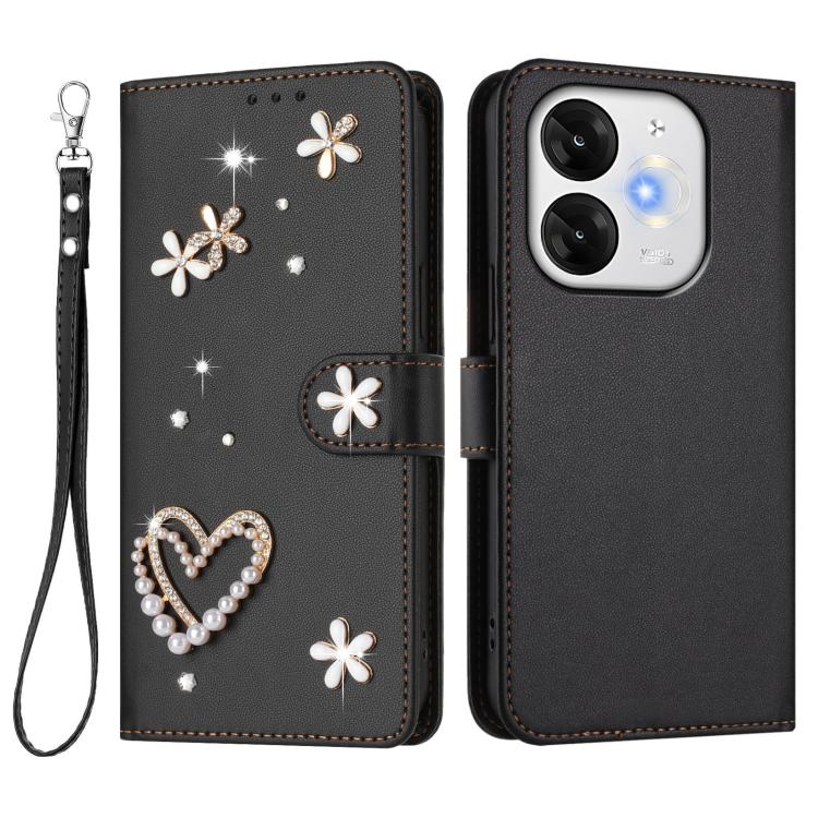 For itel A80 4G ZS01 Double-Layer Heart Floral Vegan Leather Phone Case with Wrist Strap