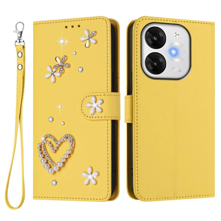 For itel A80 4G ZS01 Double-Layer Heart Floral Vegan Leather Phone Case with Wrist Strap
