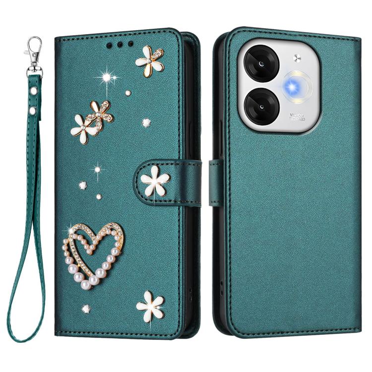 For itel A80 4G ZS01 Double-Layer Heart Floral Vegan Leather Phone Case with Wrist Strap