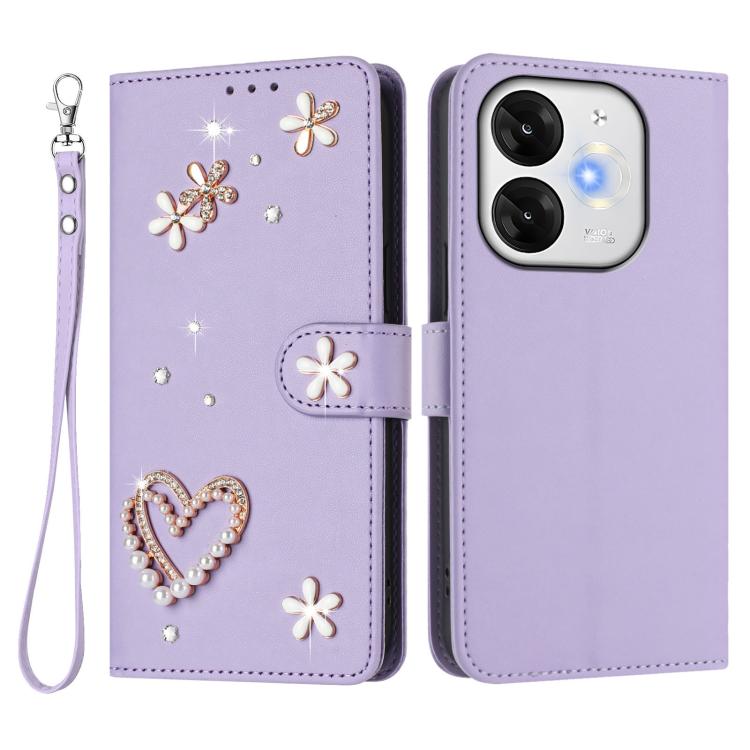 For itel A80 4G ZS01 Double-Layer Heart Floral Vegan Leather Phone Case with Wrist Strap