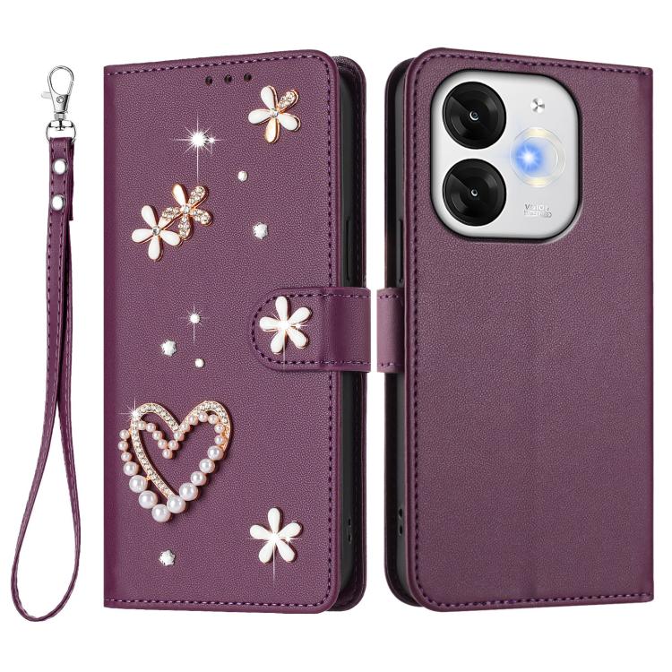 For itel A80 4G ZS01 Double-Layer Heart Floral Vegan Leather Phone Case with Wrist Strap