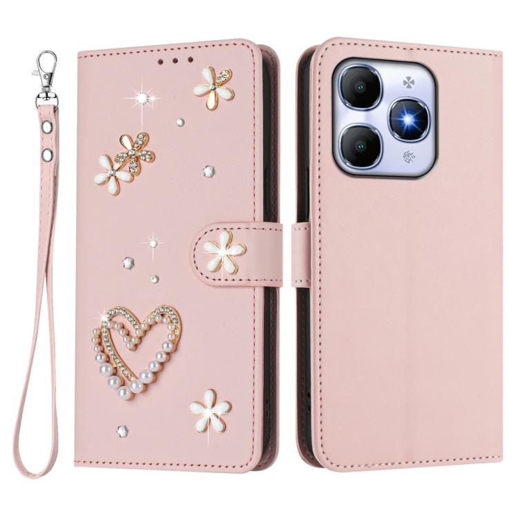 For itel A90 4G ZS01 Double-Layer Heart Floral Vegan Leather Phone Case with Wrist Strap