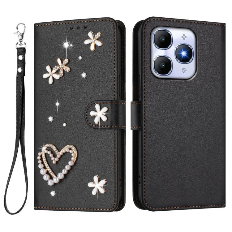 For itel A90 4G ZS01 Double-Layer Heart Floral Vegan Leather Phone Case with Wrist Strap