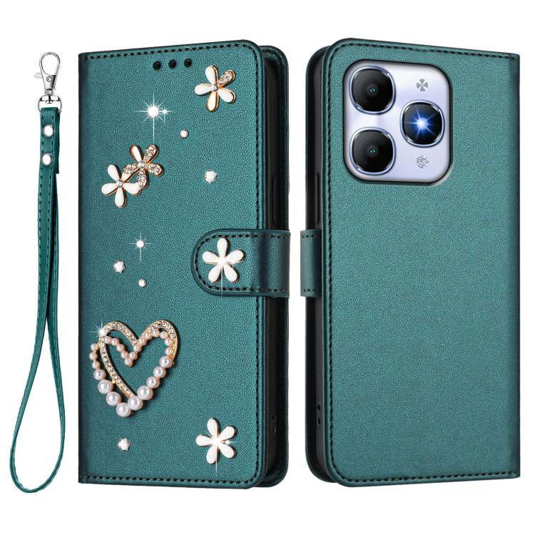 For itel A90 4G ZS01 Double-Layer Heart Floral Vegan Leather Phone Case with Wrist Strap