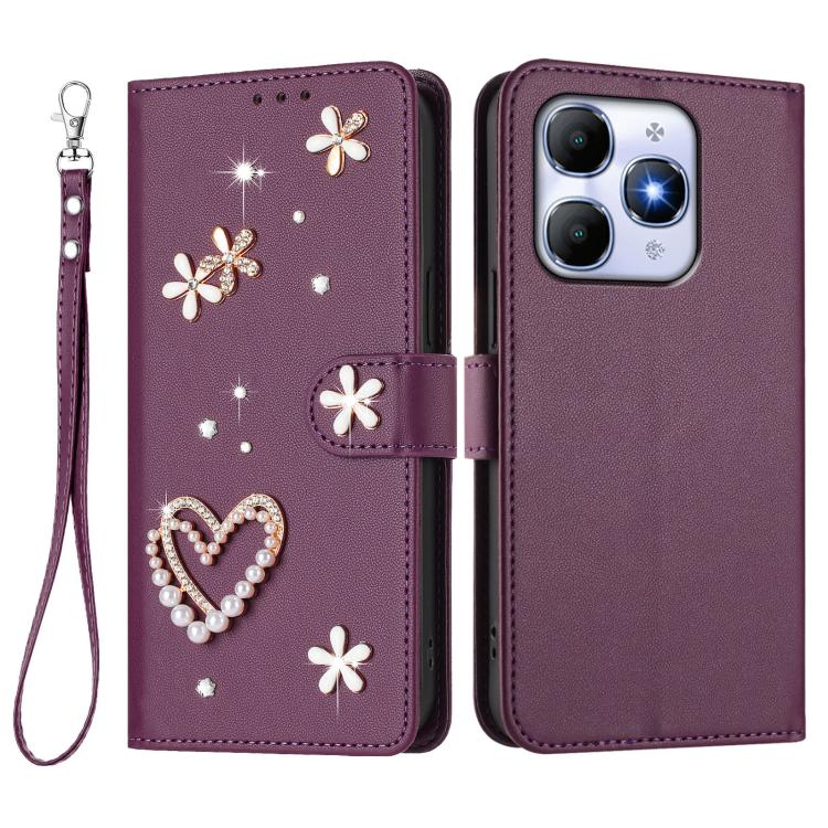 For itel A90 4G ZS01 Double-Layer Heart Floral Vegan Leather Phone Case with Wrist Strap