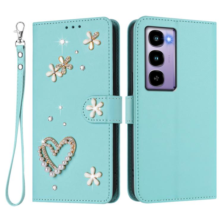 For itel City 100 ZS01 Double-Layer Heart Floral Vegan Leather Phone Case with Wrist Strap