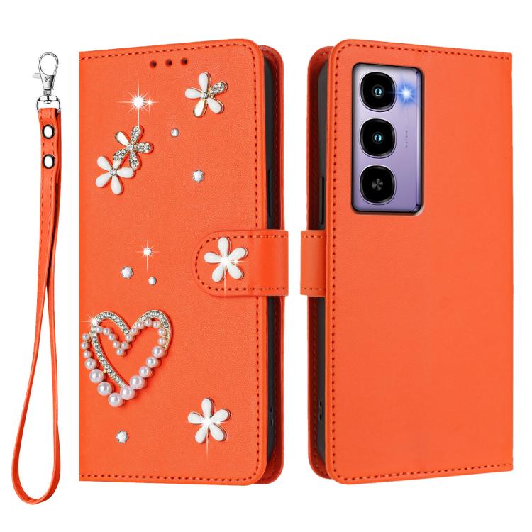 For itel City 100 ZS01 Double-Layer Heart Floral Vegan Leather Phone Case with Wrist Strap
