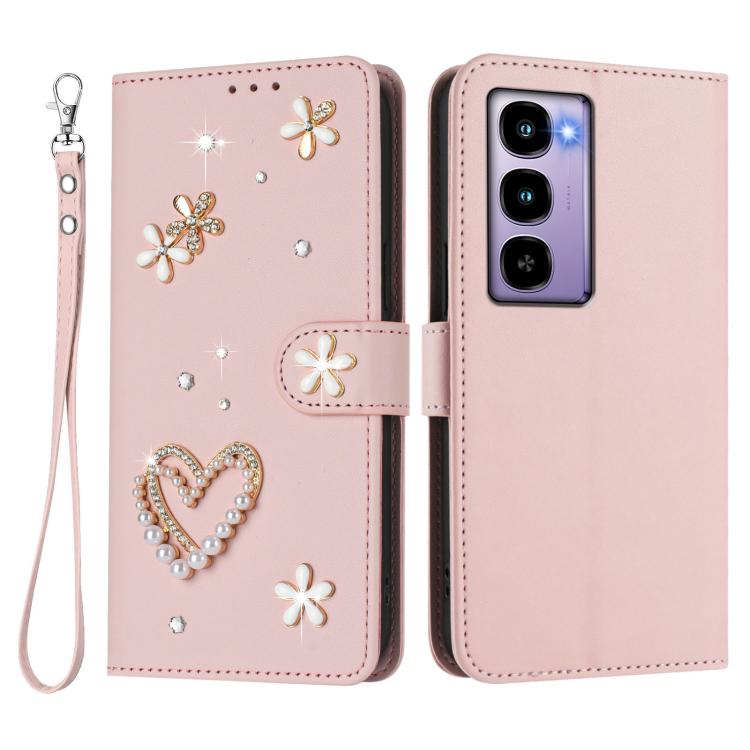 For itel City 100 ZS01 Double-Layer Heart Floral Vegan Leather Phone Case with Wrist Strap
