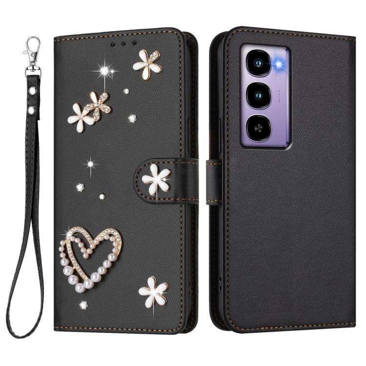 For itel City 100 ZS01 Double-Layer Heart Floral Vegan Leather Phone Case with Wrist Strap