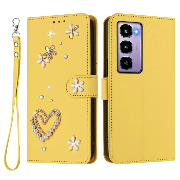 For itel City 100 ZS01 Double-Layer Heart Floral Vegan Leather Phone Case with Wrist Strap
