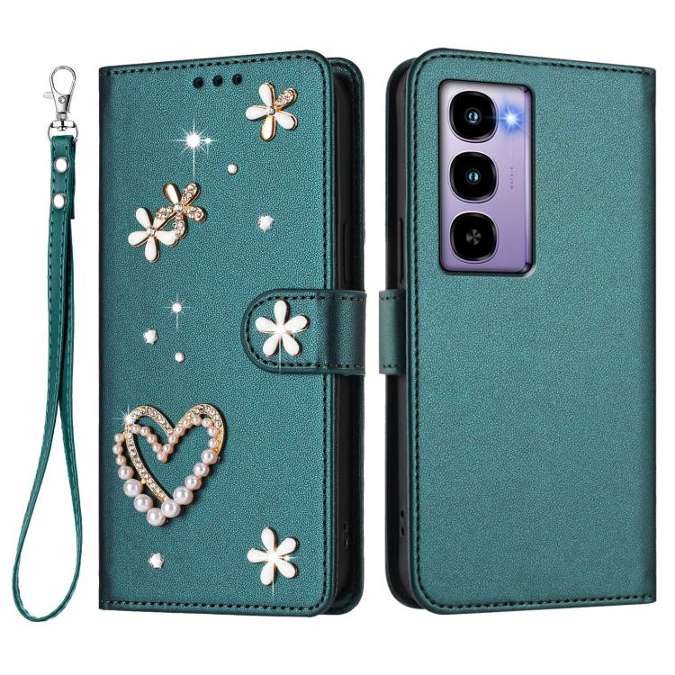 For itel City 100 ZS01 Double-Layer Heart Floral Vegan Leather Phone Case with Wrist Strap