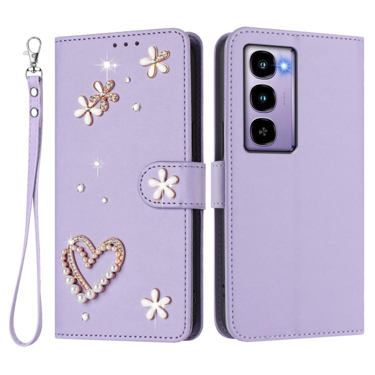 For itel City 100 ZS01 Double-Layer Heart Floral Vegan Leather Phone Case with Wrist Strap