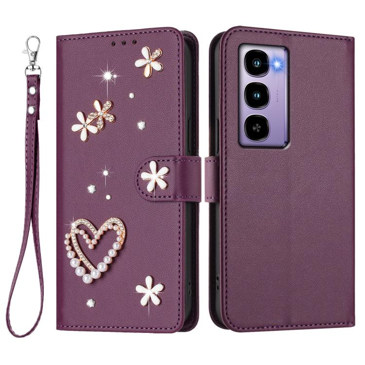 For itel City 100 ZS01 Double-Layer Heart Floral Vegan Leather Phone Case with Wrist Strap