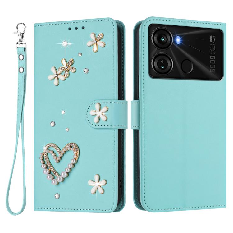 For itel P40 ZS01 Double-Layer Heart Floral Vegan Leather Phone Case with Wrist Strap