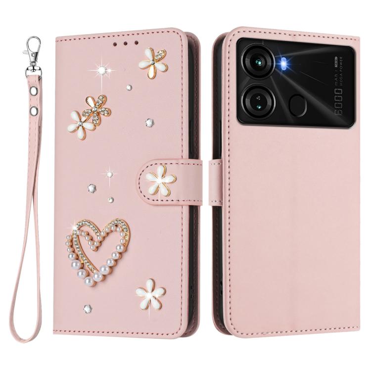 For itel P40 ZS01 Double-Layer Heart Floral Vegan Leather Phone Case with Wrist Strap