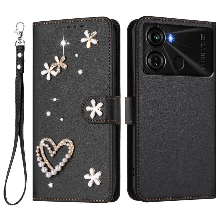 For itel P40 ZS01 Double-Layer Heart Floral Vegan Leather Phone Case with Wrist Strap