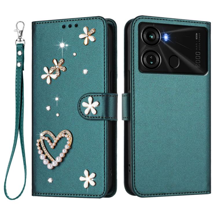 For itel P40 ZS01 Double-Layer Heart Floral Vegan Leather Phone Case with Wrist Strap