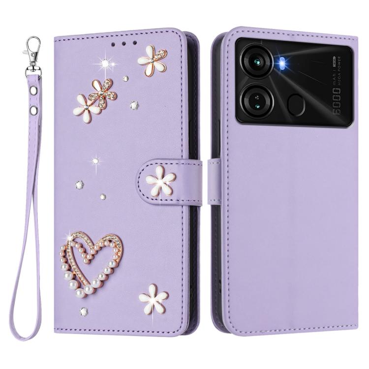 For itel P40 ZS01 Double-Layer Heart Floral Vegan Leather Phone Case with Wrist Strap