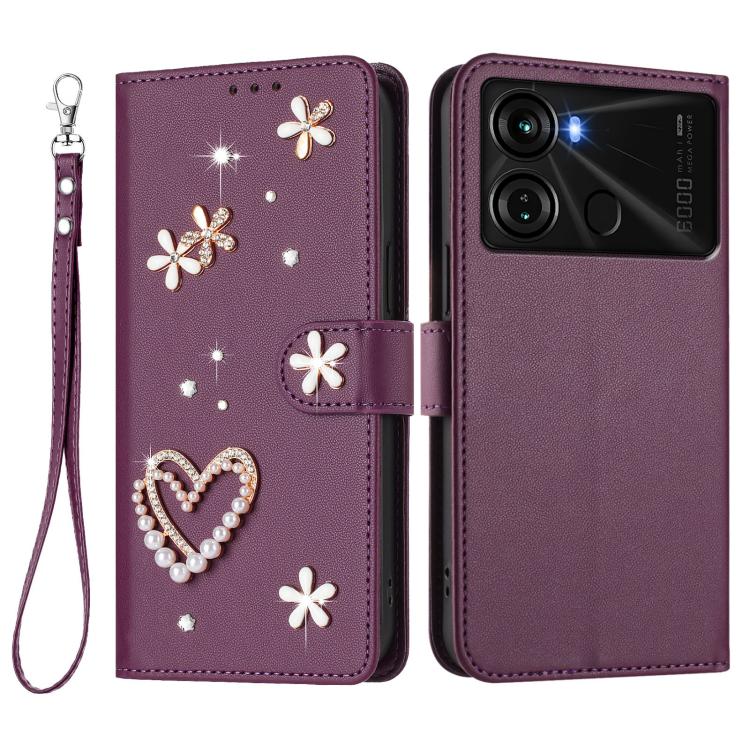 For itel P40 ZS01 Double-Layer Heart Floral Vegan Leather Phone Case with Wrist Strap