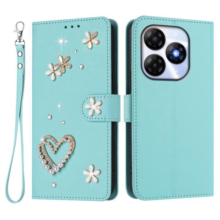 For itel P55 4G / Smart 8 ZS01 Double-Layer Heart Floral Vegan Leather Phone Case with Wrist Strap
