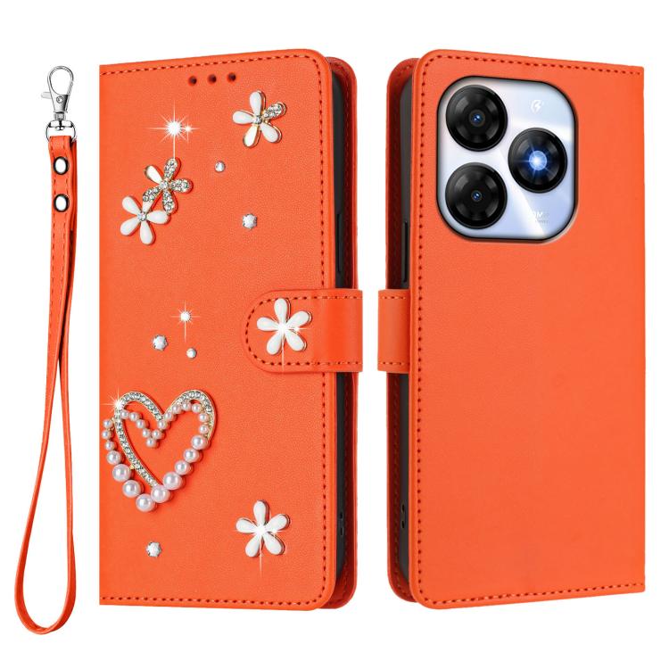 For itel P55 4G / Smart 8 ZS01 Double-Layer Heart Floral Vegan Leather Phone Case with Wrist Strap