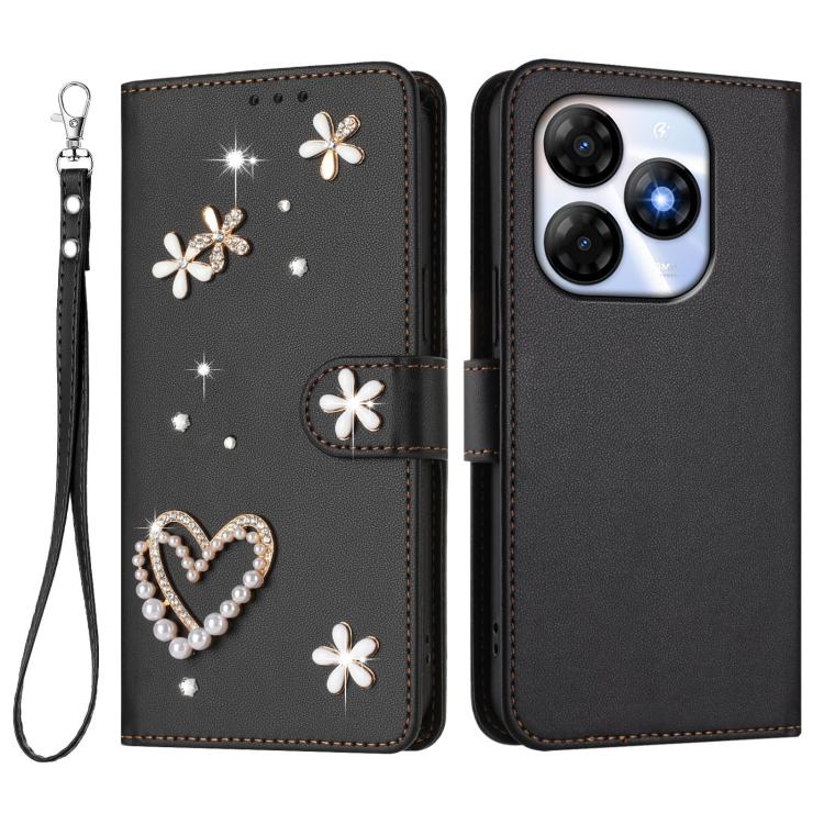 For itel P55 4G / Smart 8 ZS01 Double-Layer Heart Floral Vegan Leather Phone Case with Wrist Strap