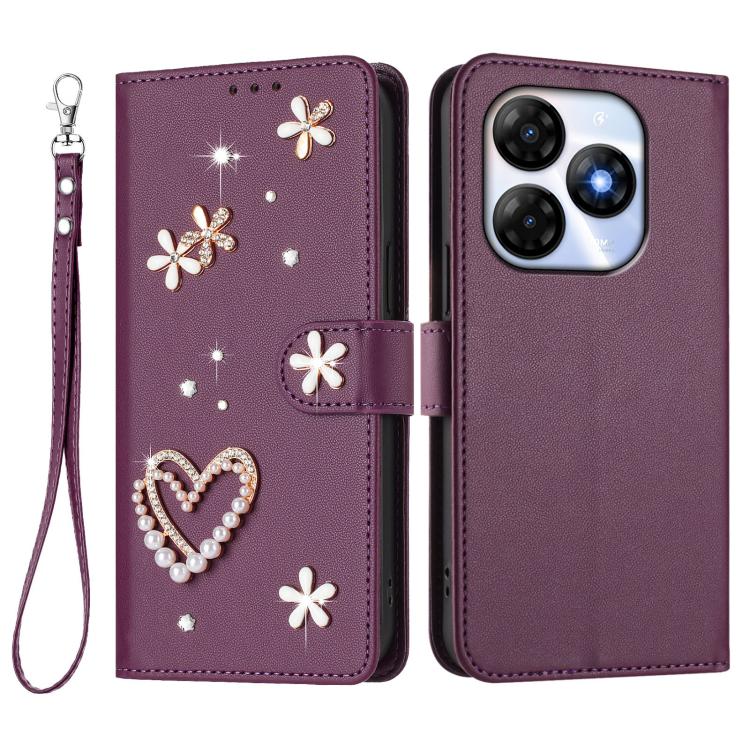 For itel P55 4G / Smart 8 ZS01 Double-Layer Heart Floral Vegan Leather Phone Case with Wrist Strap