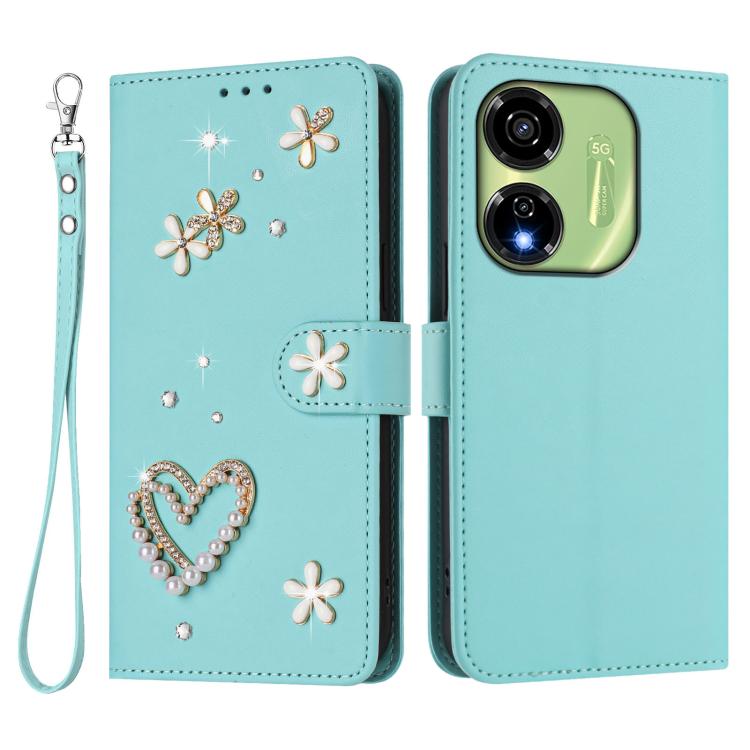 For itel P55 5G ZS01 Double-Layer Heart Floral Vegan Leather Phone Case with Wrist Strap