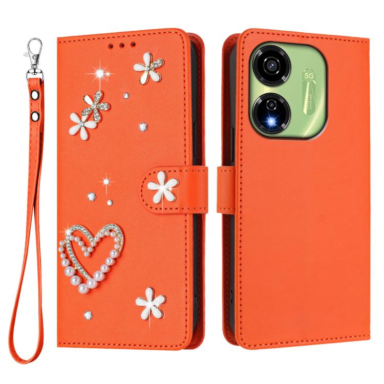 For itel P55 5G ZS01 Double-Layer Heart Floral Vegan Leather Phone Case with Wrist Strap